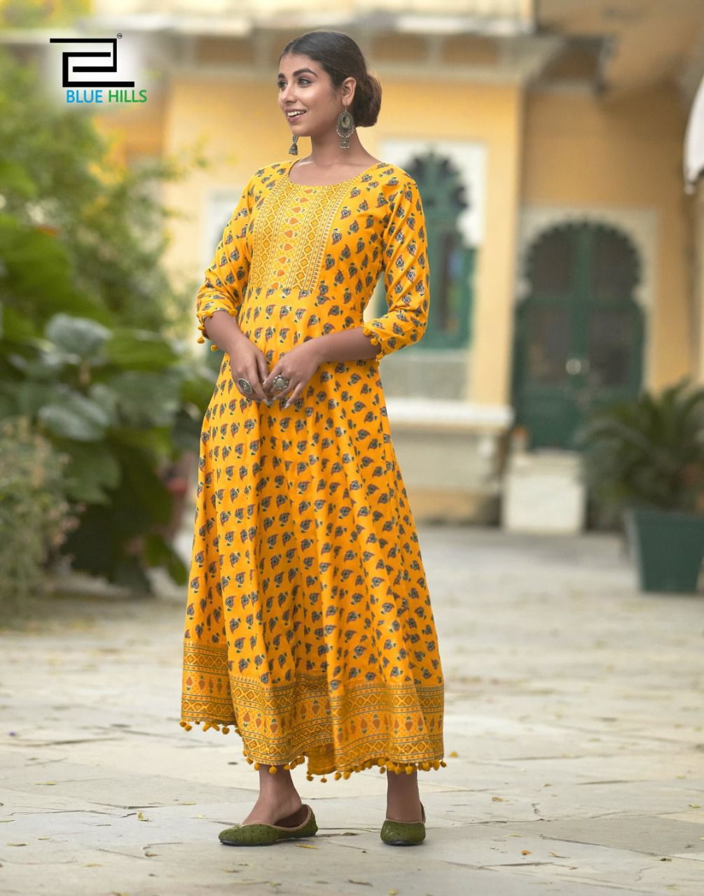 Blue Hills Pom Pom 3 Rayon Printed Ethnic Wear Long Anarkali Kurti Collection